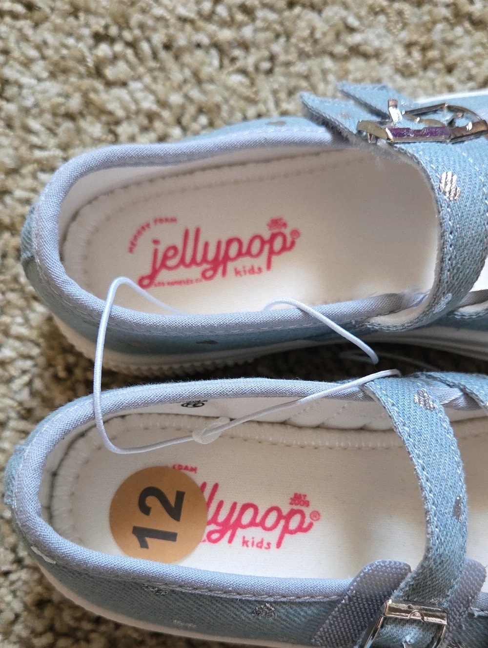 Jellypop Size 12 Lt Blue Double-Strap Velcro Mary Jane Shoes W/Metallic Hearts